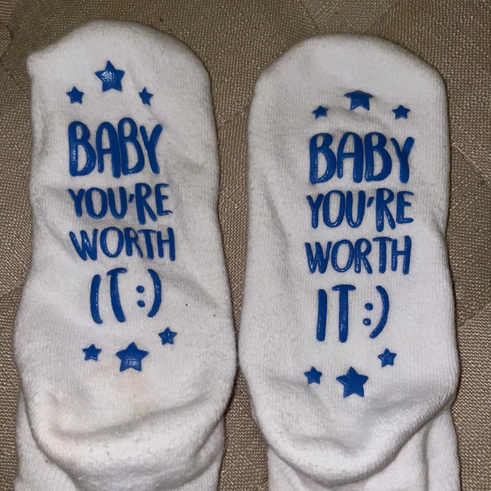 Women’s maternity, pregnancy socks blue writing